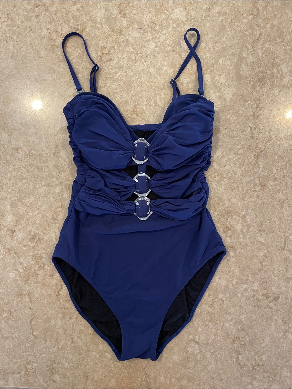 Gottex Navy Blue One-Piece Slimming Ruched Swimsuit with Silver Embellishments 8